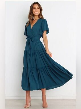 Petal & Pup Teal Barker Midi Dress V Neck Ruffle Short Sleeve Tie Waist Small